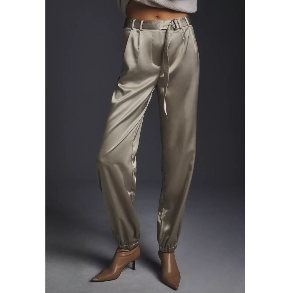 Anthropologie Maeve Satin Parachute High Rise Pants in Gray Gold Size 10 NEW